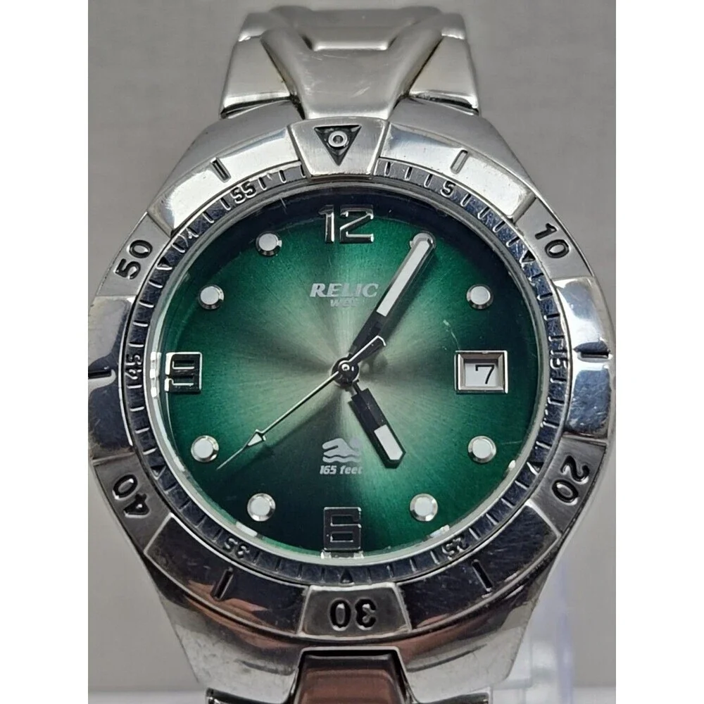 Relic Wet by Fossil Mens Green Dial Silver Stainless Date Watch New Battery 50M